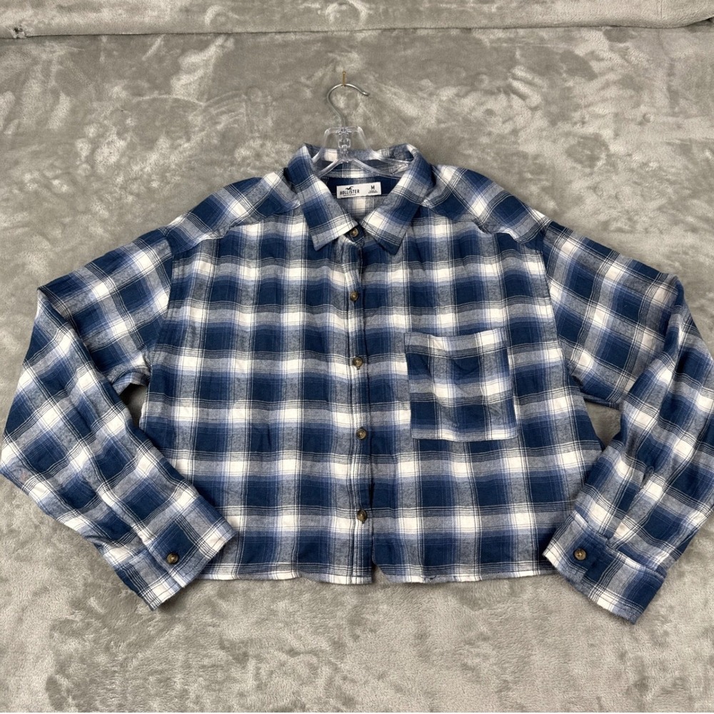 Hollister Womens Blue White Plaid Cropped Flannel Button Down Shirt Medium M